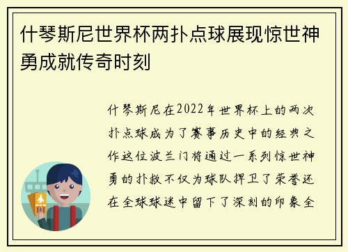 什琴斯尼世界杯两扑点球展现惊世神勇成就传奇时刻